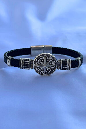 Pusula Figürlü Zirkon Taşlı El İşçiliği ile Üretilmiş Hakiki Deri Erkek Bileklik