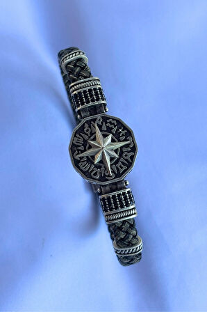 Pusula Figürlü Zirkon Taşlı El İşçiliği ile Üretilmiş Hakiki Deri Erkek Bileklik