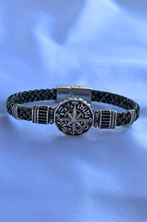 Pusula Figürlü Zirkon Taşlı El İşçiliği ile Üretilmiş Hakiki Deri Erkek Bileklik