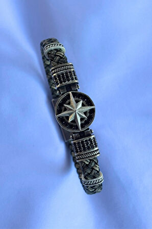 Pusula Zirkon Taşlı Yuvarlak El İşçiliği ile Üretilmiş Hakiki Deri Erkek Bileklik