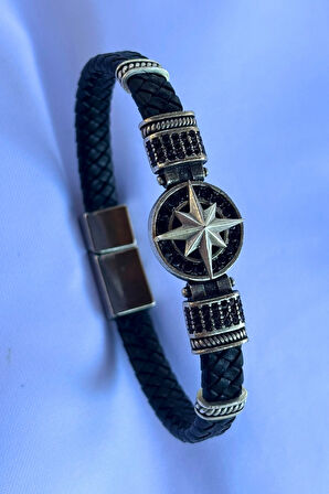 Pusula Zirkon Taşlı Yuvarlak El İşçiliği ile Üretilmiş Hakiki Deri Erkek Bileklik