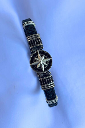 Pusula Zirkon Taşlı Yuvarlak El İşçiliği ile Üretilmiş Hakiki Deri Erkek Bileklik