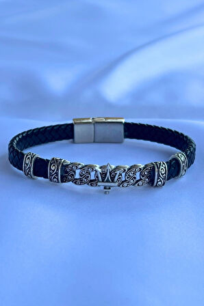 Mızrak Figürlü El İşçiliği ile Üretilmiş Hakiki Deri Erkek Bileklik