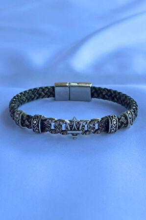 Mızrak Figürlü El İşçiliği ile Üretilmiş Hakiki Deri Erkek Bileklik