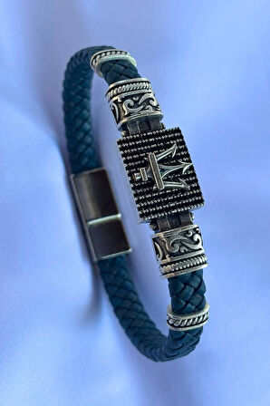 Mızrak Dikdörtgen Zirkon Taşlı El İşçiliği ile Üretilmiş Hakiki Deri Erkek Bileklik