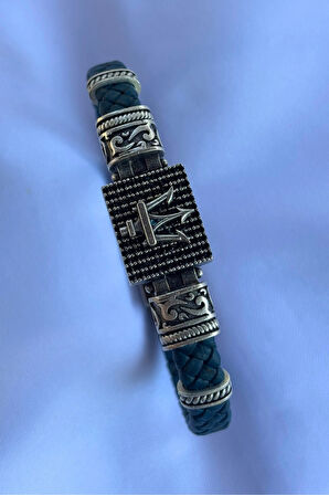 Mızrak Dikdörtgen Zirkon Taşlı El İşçiliği ile Üretilmiş Hakiki Deri Erkek Bileklik