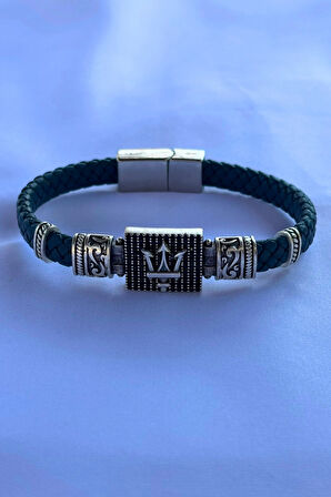 Mızrak Dikdörtgen Zirkon Taşlı El İşçiliği ile Üretilmiş Hakiki Deri Erkek Bileklik