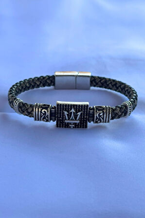 Mızrak Dikdörtgen Zirkon Taşlı El İşçiliği ile Üretilmiş Hakiki Deri Erkek Bileklik