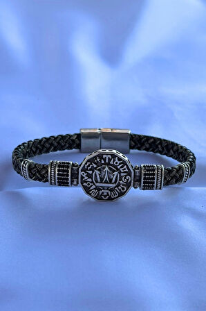 Mızrak Figürlü Zirkon Taşlı El İşçiliği ile Üretilmiş Hakiki Deri Erkek Bileklik