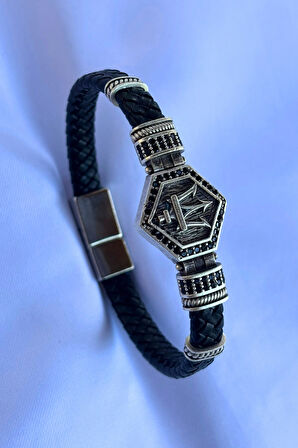 Mızrak Altıgen Zirkon Taşlı El İşçiliği ile Üretilmiş Hakiki Deri Erkek Bileklik