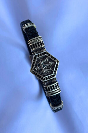 Mızrak Altıgen Zirkon Taşlı El İşçiliği ile Üretilmiş Hakiki Deri Erkek Bileklik