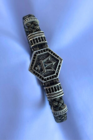 Mızrak Altıgen Zirkon Taşlı El İşçiliği ile Üretilmiş Hakiki Deri Erkek Bileklik