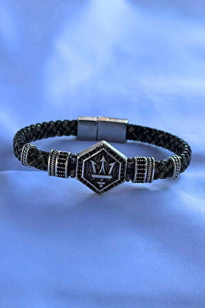 Mızrak Altıgen Zirkon Taşlı El İşçiliği ile Üretilmiş Hakiki Deri Erkek Bileklik