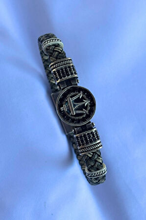 Mızrak Zirkon Taşlı Yuvarlak El İşçiliği ile Üretilmiş Hakiki Deri Erkek Bileklik