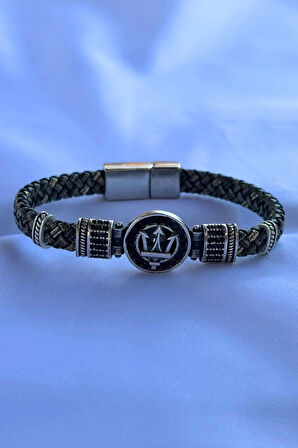 Mızrak Zirkon Taşlı Yuvarlak El İşçiliği ile Üretilmiş Hakiki Deri Erkek Bileklik