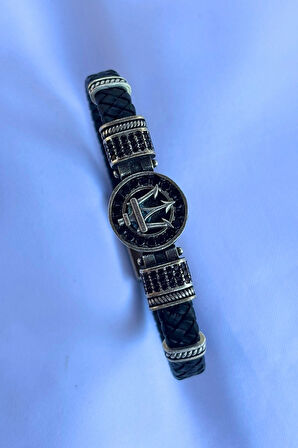 Mızrak Zirkon Taşlı Yuvarlak El İşçiliği ile Üretilmiş Hakiki Deri Erkek Bileklik