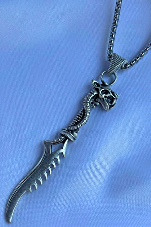 Ejderha Başlı Kılıç El İşçiliği Paslanmaz Çelik Zincir Erkek Kolye