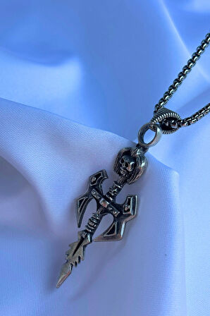 Kuru Kafa Kılıç El İşçiliği Paslanmaz Çelik Zincir Erkek Kolye