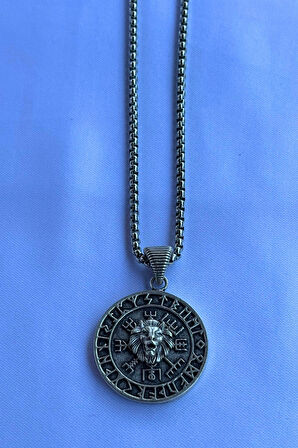 Aslanlı Vegvisir Pusula El İşçiliği Paslanmaz Çelik Zincir Erkek Kolye