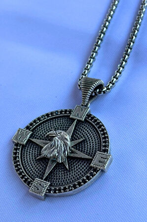 Kartal Pusula El İşçiliği Paslanmaz Çelik Zincir Erkek Kolye