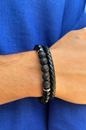 Siyah Taşlı El İşçiliği ile Üretilmiş Hakiki Deri Erkek Bileklik