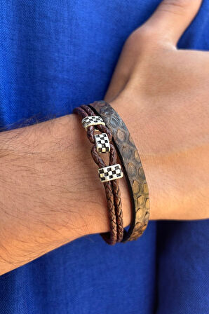 Yılan Derisi Desenli El İşçiliği ile Üretilmiş Hakiki Deri Erkek Bileklik