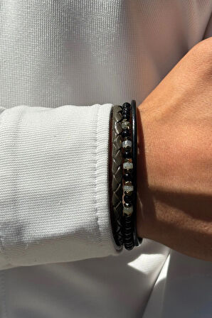 Doğal Taşlı Örgü Desen El İşçiliği ile Üretilmiş Hakiki Deri Erkek Bileklik