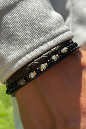 Doğal Taşlı Örgü Desen El İşçiliği ile Üretilmiş Hakiki Deri Erkek Bileklik