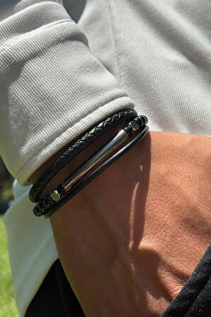 Siyah Örgü Detaylı El İşçiliği ile Üretilmiş Hakiki Deri Erkek Bileklik