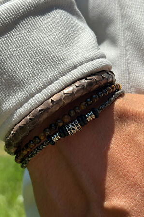 Doğal Taşlı Yılan Derisi Desenli El İşçiliği ile Üretilmiş Hakiki Deri Erkek Bileklik