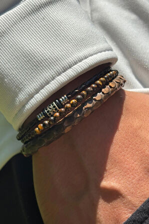 Doğal Taşlı Yılan Derisi Desenli El İşçiliği ile Üretilmiş Hakiki Deri Erkek Bileklik