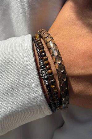 Doğal Taşlı Yılan Derisi Desenli El İşçiliği ile Üretilmiş Hakiki Deri Erkek Bileklik