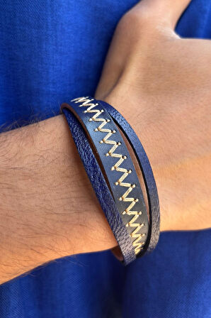 Dikiş Desenli Lacivert El İşçiliği ile Üretilmiş Hakiki Deri Erkek Bileklik