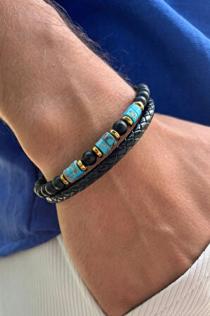 Taşlı El İşçiliği ile Üretilmiş Hakiki Deri Erkek Bileklik