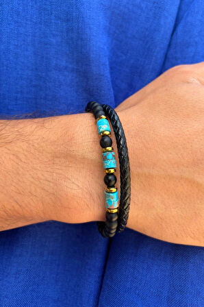 Taşlı El İşçiliği ile Üretilmiş Hakiki Deri Erkek Bileklik