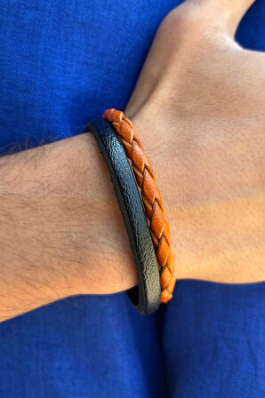 Örgü Dokulu El İşçiliği ile Üretilmiş Hakiki Deri Erkek Bileklik