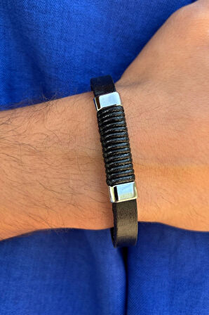 Siyah Burgu Görünümlü El İşçiliği ile Üretilmiş Hakiki Deri Erkek Bileklik