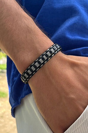 Şık Damalı Desen El İşçiliği ile Üretilmiş Hakiki Deri Erkek Bileklik
