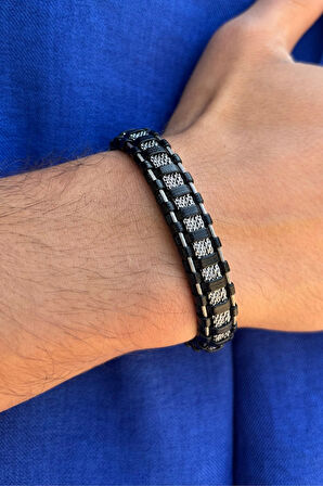 Şık Damalı Desen El İşçiliği ile Üretilmiş Hakiki Deri Erkek Bileklik