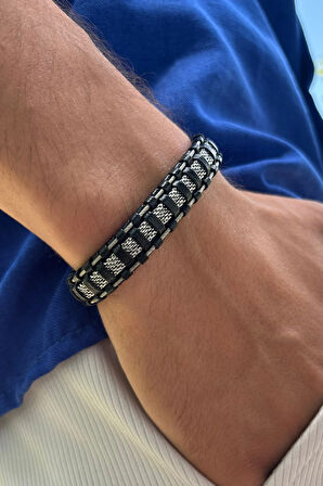 Şık Damalı Desen El İşçiliği ile Üretilmiş Hakiki Deri Erkek Bileklik