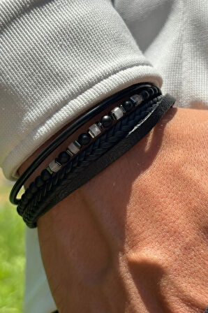 Siyah Doğal Taşlı Örgülü El İşçiliği ile Üretilmiş Hakiki Deri Erkek Bileklik