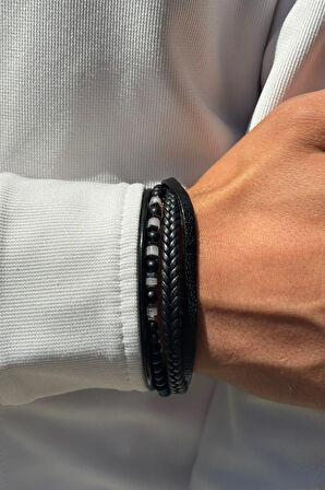 Siyah Doğal Taşlı Örgülü El İşçiliği ile Üretilmiş Hakiki Deri Erkek Bileklik