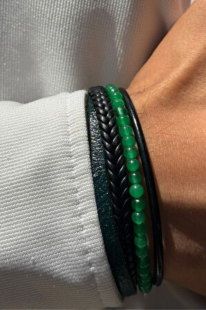 Yeşil Doğal Taşlı El İşçiliği ile Üretilmiş Hakiki Deri Erkek Bileklik