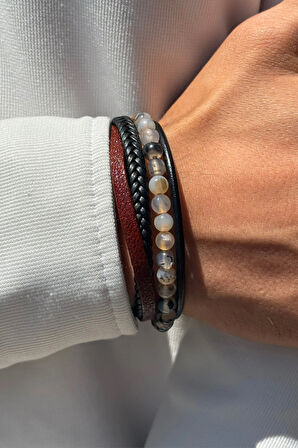 Doğal Taşlı El İşçiliği ile Üretilmiş Hakiki Deri Erkek Bileklik