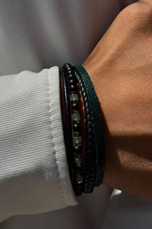 Doğal Taş ve Örgü El İşçiliği ile Üretilmiş Hakiki Deri Erkek Bileklik