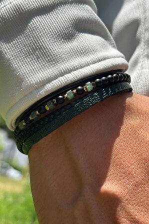 Doğal Taş ve Örgü El İşçiliği ile Üretilmiş Hakiki Deri Erkek Bileklik