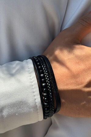 Siyah Doğal Taşlı El İşçiliği ile Üretilmiş Hakiki Deri Erkek Bileklik