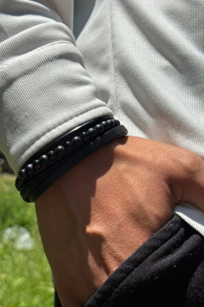 Siyah Doğal Taşlı El İşçiliği ile Üretilmiş Hakiki Deri Erkek Bileklik