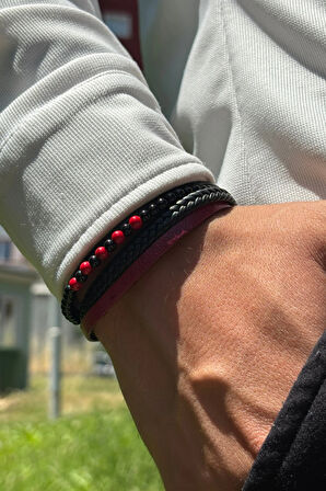 Kırmızı Siyah Doğal Taşlı Örgülü El İşçiliği ile Üretilmiş Hakiki Deri Erkek Bileklik