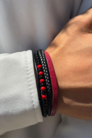 Kırmızı Siyah Doğal Taşlı Örgülü El İşçiliği ile Üretilmiş Hakiki Deri Erkek Bileklik